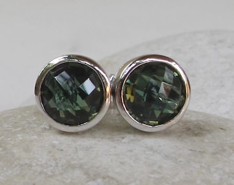 Round Green Quartz Earring- Boho Green Topaz Earring- Classic Simple Green Stud- Minimalist Gemstone Stud Earring- Dark Green Silver Stud