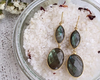 Iridescent Labradorite Statement Long Earring- Two Stone Drop Earring- Dangle Handmade Earring- Bohemian Gemstone Earring-