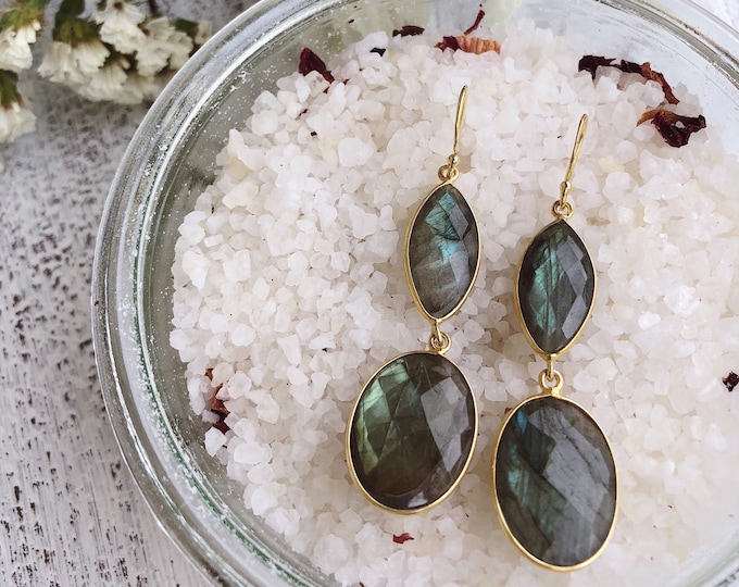 Iridescent Labradorite Statement Long Earring- Two Stone Drop Earring- Dangle Handmade Earring- Bohemian Gemstone Earring-