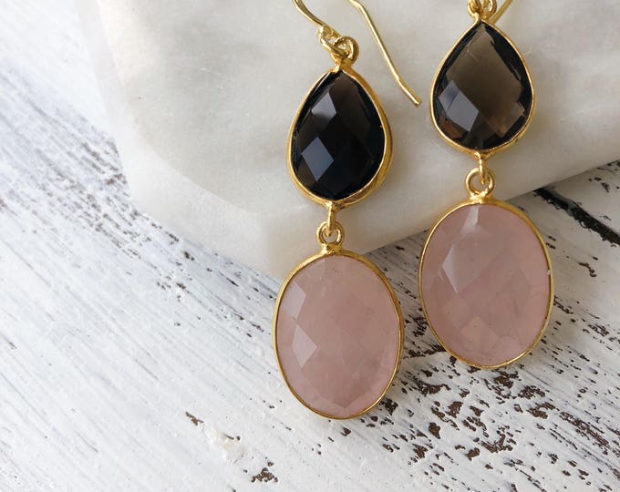 Boho Two Stone Dangle Earring- Rose Quartz Drop Earring- Boho Gemstone Jewelry- Long Dangle Double Earring- Smoky Quartz Pink Chalecony