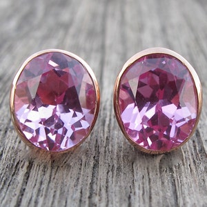 Oval Pink Cubic Zirconia Earring- Pink Quartz Stud Bezel Earring- Pink Topaz Silver Earring- Rose Plated Gold Plated Stud Earring