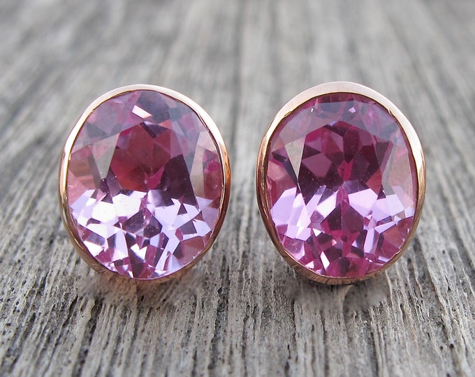 Oval Pink Cubic Zirconia Earring- Pink Quartz Stud Bezel Earring- Pink Topaz Silver Earring- Rose Plated Gold Plated Stud Earring