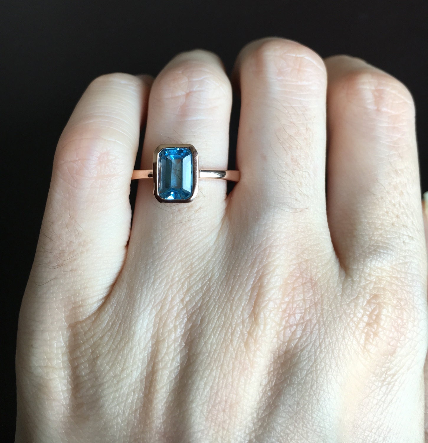 3ct Emerald Cut Swiss Blue Topaz Ring Rectangle Blue Stone Rose Gold