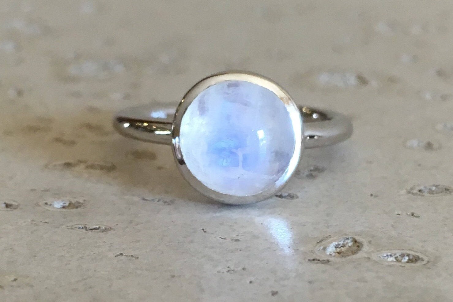 Round Milky Rainbow Moonstone Cabochon Stackable Ring Round Milky Rainbow Moonstone Cabochon Stackable Ring