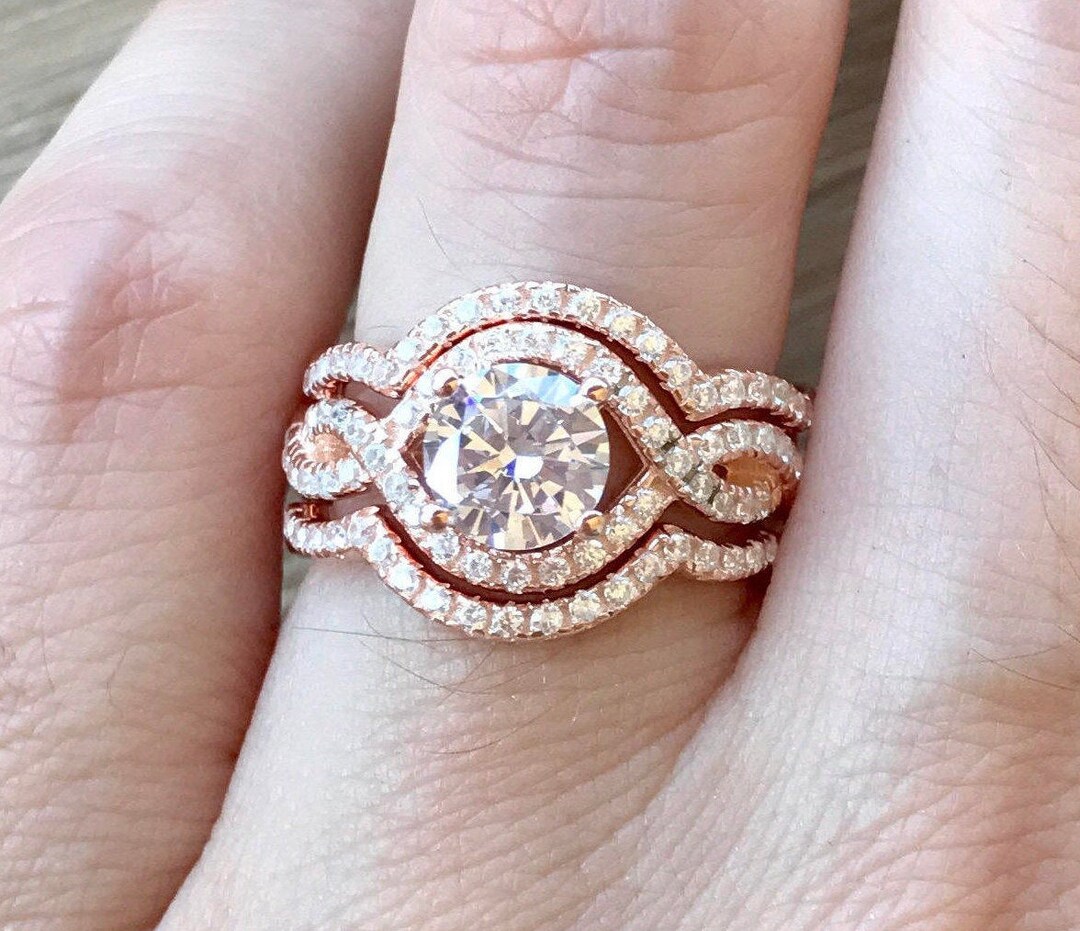 Infinity Twist Engagement Ring Set- Rose Gold Engagement Ring- Halo ...
