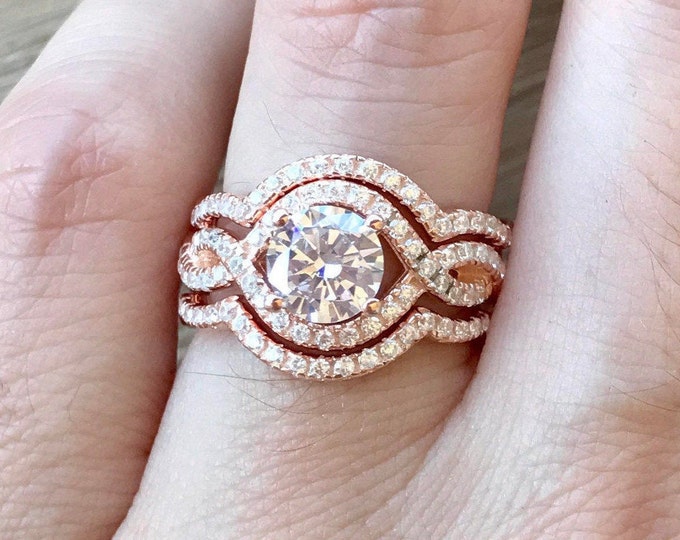 Infinity Twist Engagement Ring Set- Rose Gold Engagement Ring- Halo Round 3 Bridal Ring Set- Matching Band Engagement Ring- Rose Gold Rings