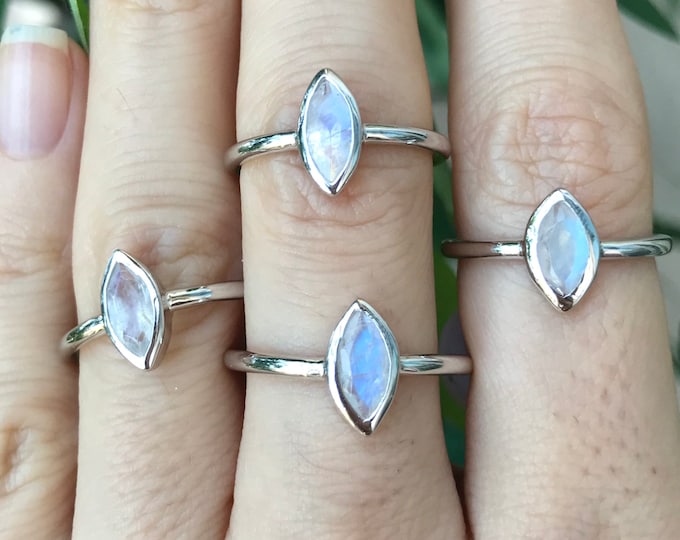 Genuine Rainbow Moonstone Stackable Ring- Natural Moonstone Marquise Ring- Boho Iridescent Moonstone Simple Ring- June Birthstone Ring