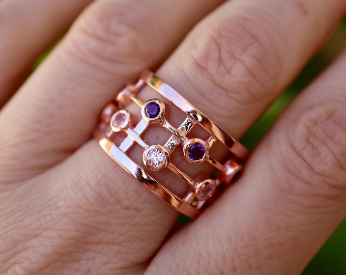 Cluster Purple Amethyst with Pink Morganite Statement Geometric Wide Band