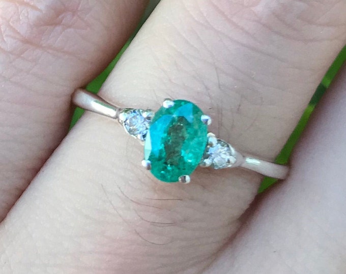 Oval Emerald Engagement Ring- Three Stone Emerald Diamond Promise Ring- Dainty Genuine Natural Emerald Anniversary Ring- May Birthstone Ring