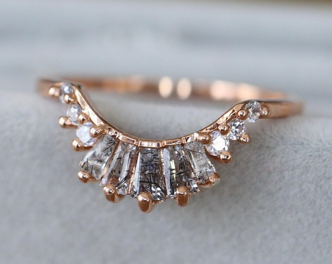 Black Rutilated Quartz Deco Wedding Band- Tourmalated Baguette Quartz Band- Alternative Salt Pepper Diamond Vintage Solid 10k 14k 18k Gold