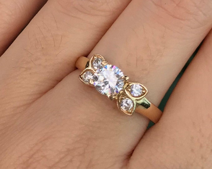 Simulant Round Diamond 0.50ct Engagement Yellow Gold Ring- Floral Promise Ring for Her- Non Diamond Alternative Colorless Engagement Ring