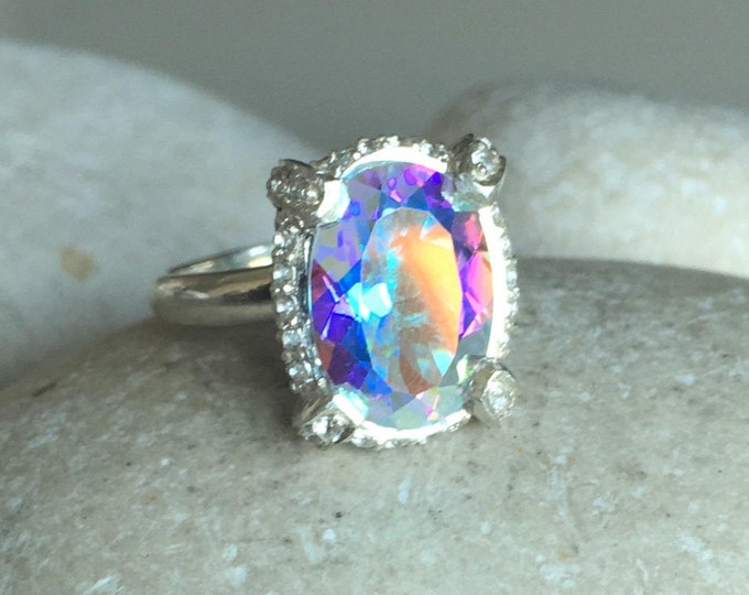 Mystic Topaz Engagement Ring- Bohemian Rainbow Statement Ring- Unique Gemstone Mood Ring- Sterling Silver Gypsy Ring- Large Oval Ring