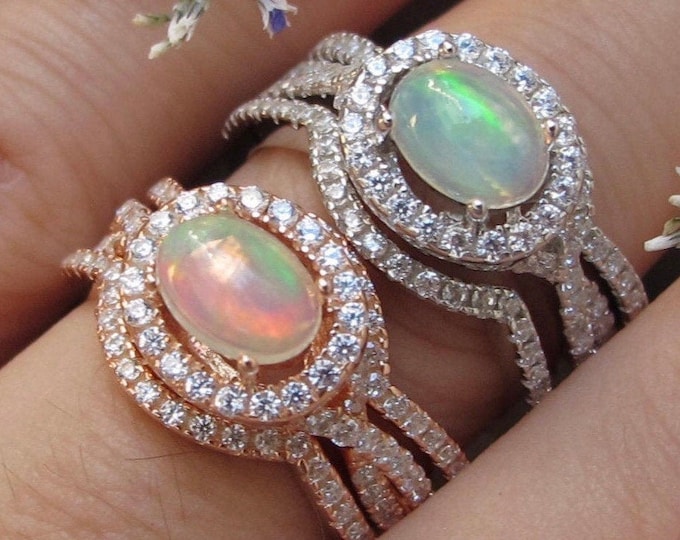 Oval Genuine Opal Bridal 3 Ring Set- Halo Welo Opal Women Engagement Ring Set- Split Twist Shank Fiery Opal Prong Ring