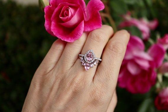 Teardrop Pink Morganite Bridal Ring Set Pear Pink Gemstone