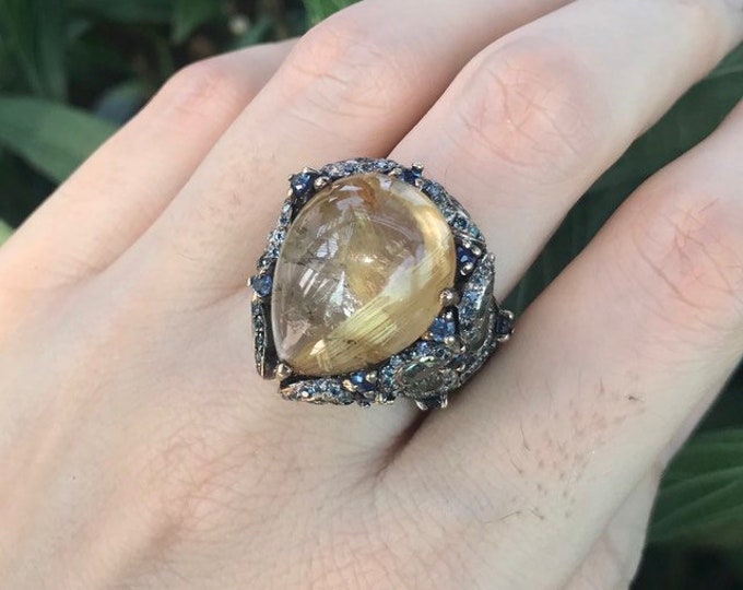 16.70ct Rutilated Quartz Avant Garde Statement Cluster Ring- Gold Rutile OOAK TearDrop Cabochon MultiStone Ring-PearShape Large Stone Ring