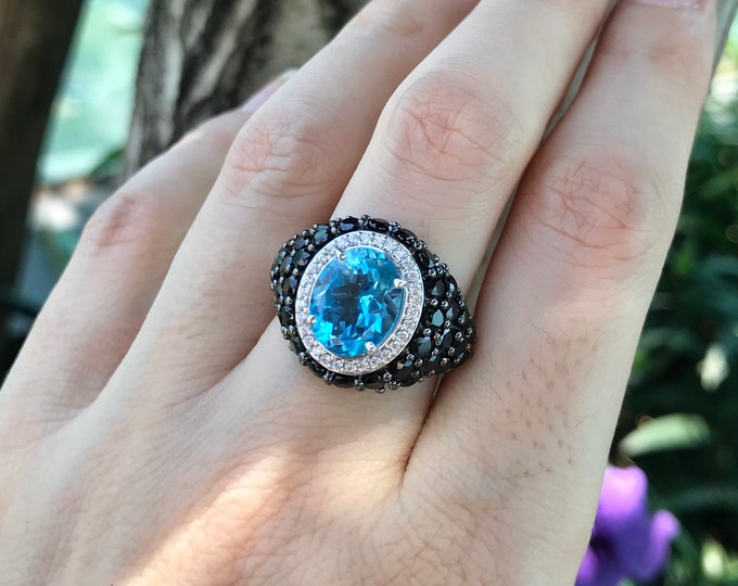 Swiss Blue Topaz Halo Solitaire Ring- Oval Black Spinel with Blue Topaz Statement Ring- Cluster Blue and Black Gemstone Ring- December Ring