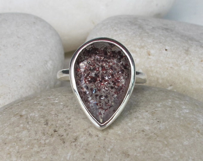 Red Fire Quartz Gemstone Engagement- Large Lepidocrocite Bezel Solitaire Ring- Unique Teardrop Engagement Ring- Simple Pear Shape  Ring