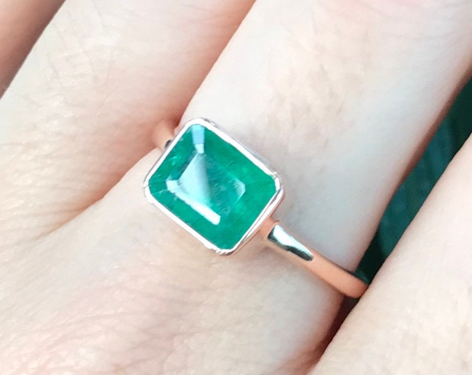 1.57ct Emerald Genuine Rose Gold Ring- Rectangle Emerald Minimalist Ring- Simple East West Solitaire Ring- May Birthstone Bezel OOAK Ring