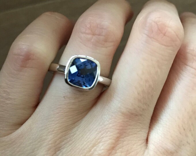 Blue Sapphire Engagement Ring- Cushion Sapphire Promise Ring- September Birthstone Ring- Blue Gemstone Alternative Ring- Square Promise Ring