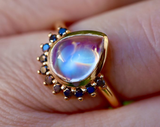 Teardrop Cabochon Moonstone Halo Black Diamond in Solid 14k or 18k Yellow Rose or White Ring