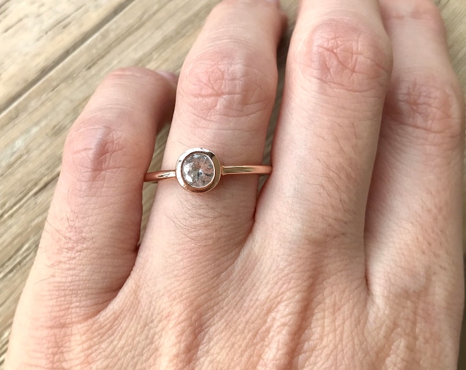 Rose Gold Sapphire Ring- White Sapphire Engagement Ring- Round Sapphire Promise Ring- Simple Classic Bridal Ring- September Birthstone Ring