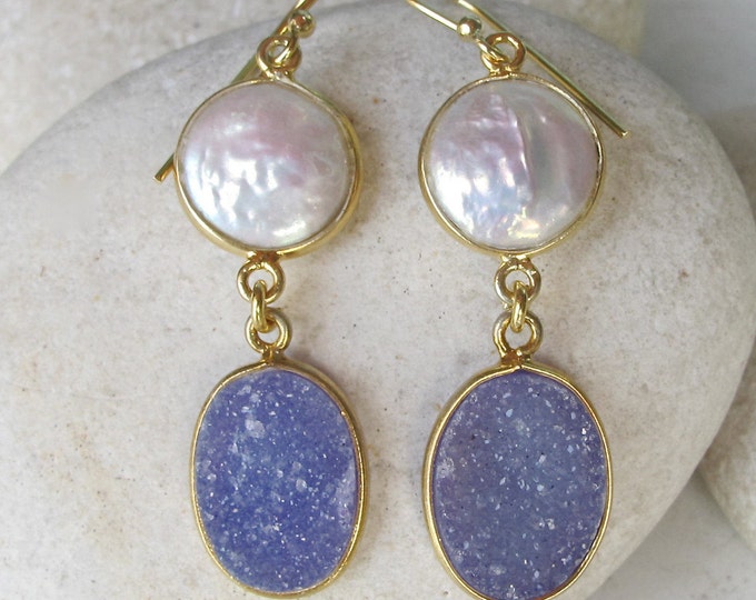 Long Dangle Drop Earring Pearl Druzy Handmade Double Stone Two Gemstone Boho Real Druzy Pearl Bohemian Jewelry Gifts for Her Gold Earring
