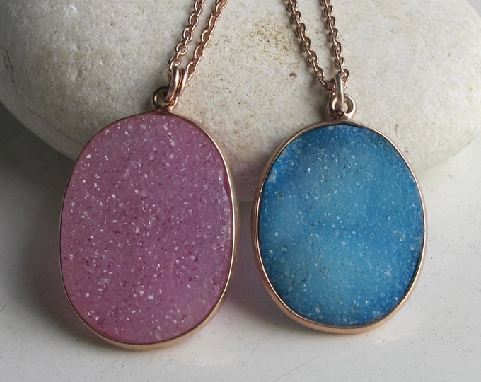Rose Gold Oval Genuine Pink Druzy Necklace- Oval Natural Blue Druzy Necklace- Gifts for Wife Daughter Girlfriend Her