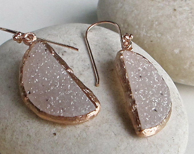 Rose Gold Druzy Half Moon Dangle Earring- Raw Crystal Bridal Earring- Rough Stone Drop Earring- Large Statement Earring- Rustic Boho Earring