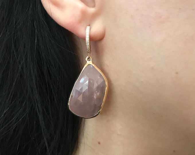 Rose Gold Raw Dangle Earrings Pink Sapphire Drop Earring- Bridal Statement Earring- Large Pink Earring- September Birthstone Bold Earring