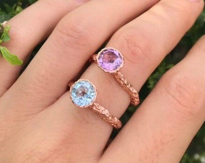 Rustic Round Birthstone Stackable Rose Gold Ring-Amethyst Hammered Blue Topaz Layering Ring-Personalized Stack Gold Ring- Birthstone Jewelry