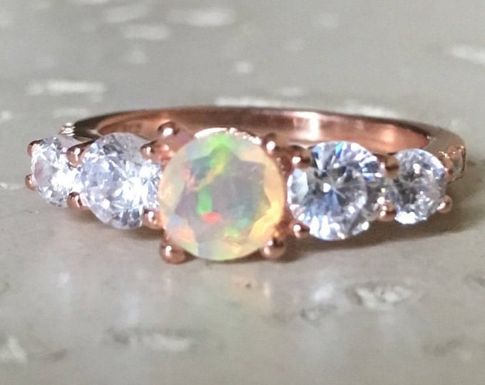 Natural Welo Opal Anniversary Ring- Genuine Round Opal Engagement Prong Ring-Fire Opal Promise Ring- Opal Solitaire Ring Five Stone Ring