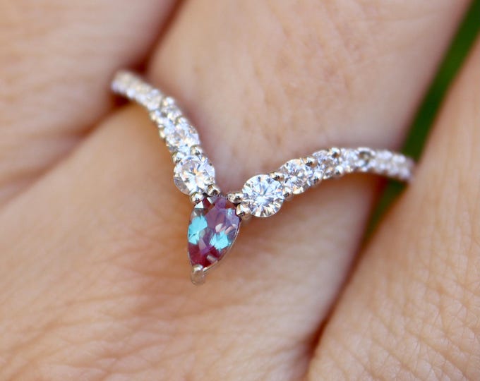 Alexandrite Color Change Purple Blue Teal with Moissanite Deep V Chevron Sterling Silver Wedding Band