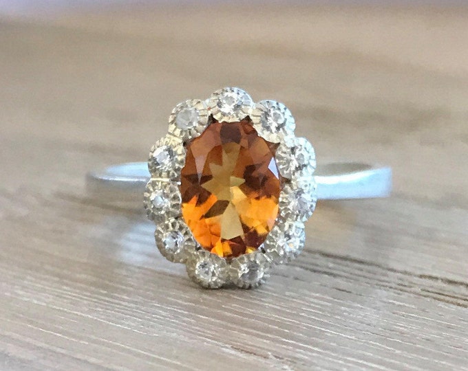 Natural Citrine Ring Oval Halo Engagement Promise Orange Gemstone Sterling Silver Ring