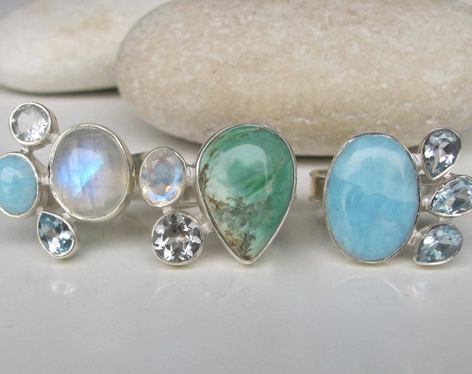 Cluster Ring Gemstone Turquoise Moonstone Bohemian All Sizes Multistone December June Ring Boho