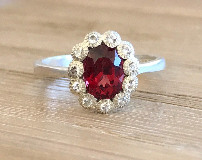 1.50ct Garnet Engagement Ring- Genuine Garnet Promise Deco Anniversary Ring- Halo Oval Red Ring- January Ring- Red Gemstone Engagement Ring