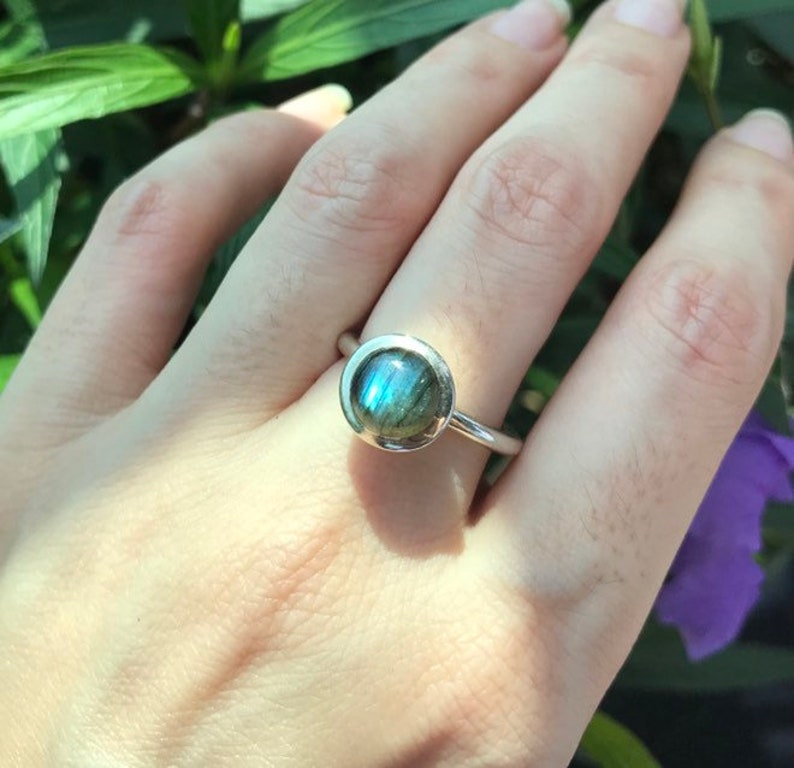 Blue Labradorite Cabochon Stackable Boho Ring Bohemian Ring For Teen Blue Iridescent Gemstone Sterling Silver Ring
