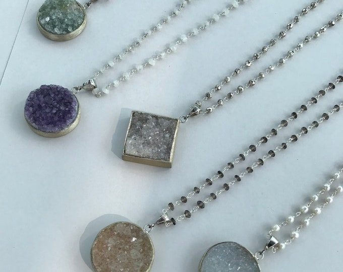 Genuine Natural Raw Druzy Rosary Bead Statement Necklaces- Square Round Gemstone Sparkly Necklace