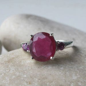 Classic Ruby Engagement Ring- Ruby Promise Ring- Three Stone Anniversary Ring- Genuine Ruby Ring- Red Alternative Engagement Ring