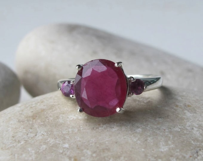 Classic Ruby Engagement Ring- Ruby Promise Ring- Three Stone Anniversary Ring- Genuine Ruby Ring- Red Alternative Engagement Ring