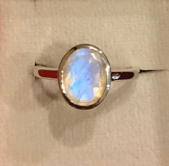 Sterling Silver Rainbow Moonstone Stackable Bezel Oval Ring Sterling Silver Rainbow Moonstone Stackable Bezel Oval Ring