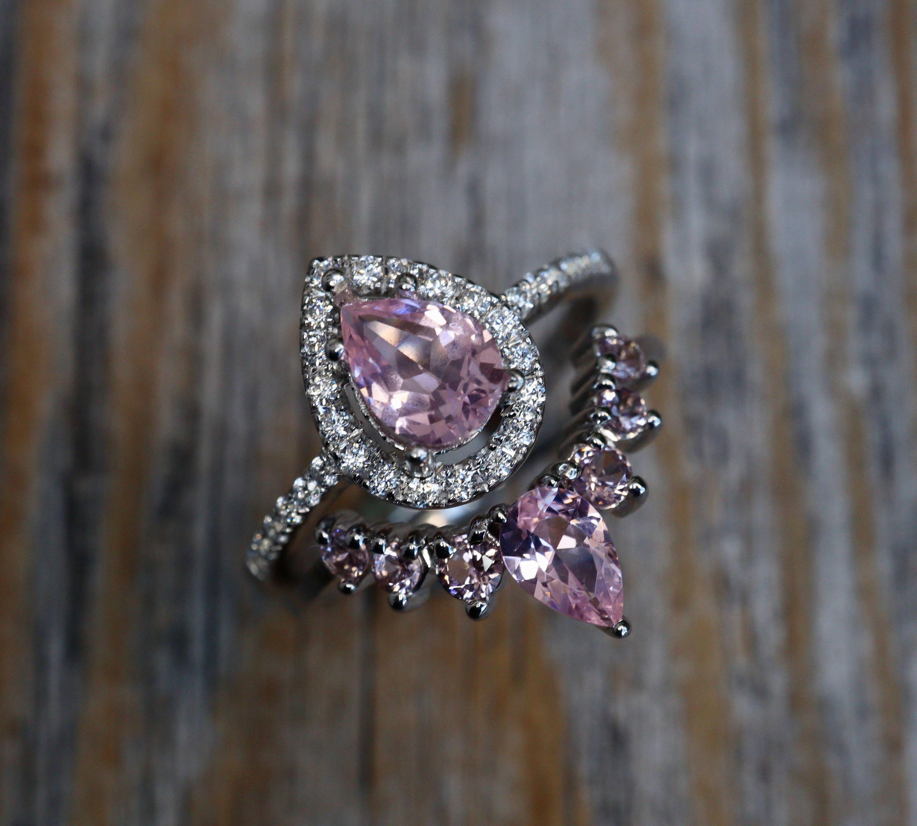 Teardrop Pink Morganite Bridal Ring Set Pear Pink Gemstone