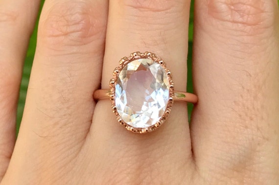 Genuine White Topaz Oval Engagement Solitaire Ring- Large Clear