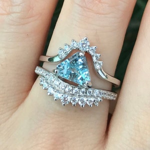 Aquamarine Trillion Bridal Ring Set- Triangle Aquamarine Unique Engagement Ring Set-Genuine Aquamarine 2 Piece Ring- Blue Stone Promise Ring