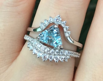 Genuine 2ct Blue Trillion Aquamarine Bridal Ring Set