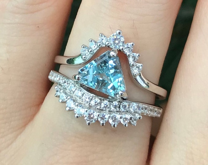 Aquamarine Trillion Bridal Ring Set- Triangle Aquamarine Unique Engagement Ring Set-Genuine Aquamarine 2 Piece Ring- Blue Stone Promise Ring