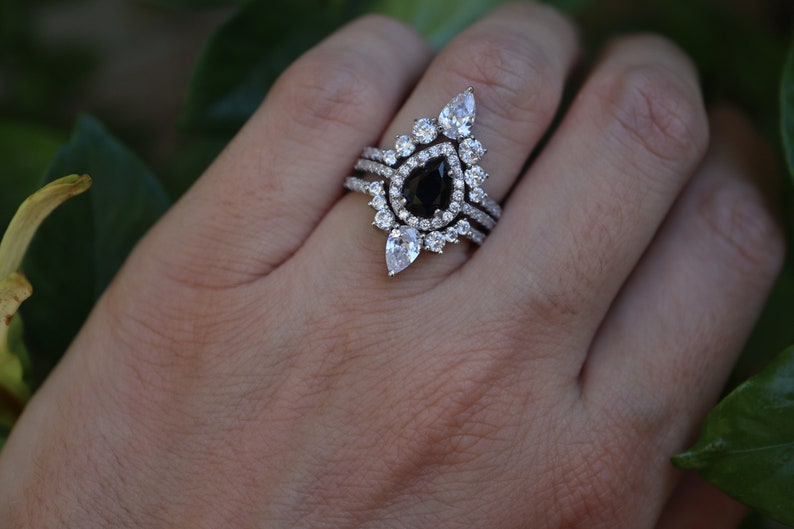 Teardrop Black Onyx Halo Bridal 3 Ring Set Pear Black Engagement Ring Set Black Spinel Ring w/2 Wedding Band image 8