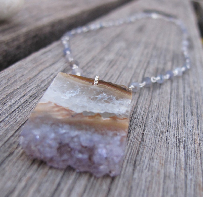 Unique Gemstone Necklace February Birthstone Boho Necklace Slice Slab Necklace Geode Rectangle Necklace Raw Amethyst Slice Necklace