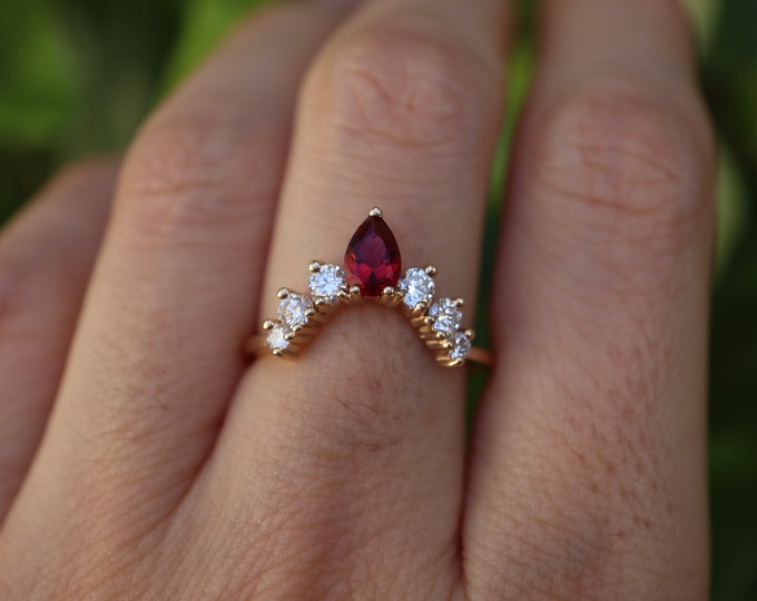 Genuine Garnet Diamond Cluster Pear Round Curve Wedding Band in Solid 14k 18k Gold