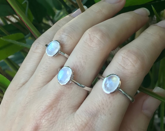 Rainbow Moonstone Boho Ring Stack June Birthstone Sterling Silver Oval Smooth Genuine Rainbow Ring Dainty Small Sterling Silver