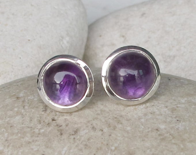 Purple Amethyst Stud Healing Earring- Round Cabochon Amethyst Genuine Earring- February Birthstone Earring- Simple Minimalist Purple Earring